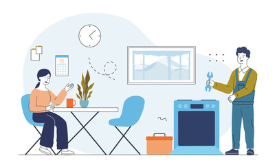 Woman talks to repairman in kitchen scene. Vector illustration