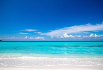 Tranquil turquoise sea laps pristine white sand under a vibrant blue sky; idyllic tropical beach scene,   view,  tropical