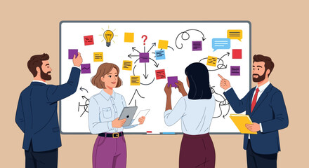 Collaborative Strategy Meeting Team Brainstorming on Whiteboard with Sticky Notes and Idea Generation