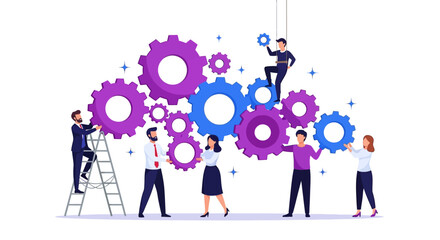 Teamwork Illustration Diverse Group Building Cogwheels Together for Collaboration and Project Success