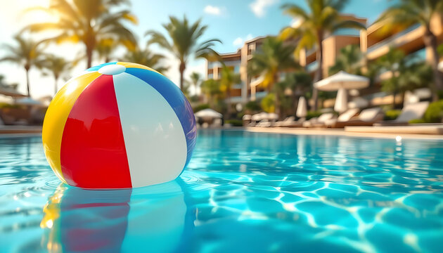 Close-up of a colorful beach ball floating on a clear turquoise pool at a luxury resort with blurred palm trees and buildings in the background.
- Powered by Adobe