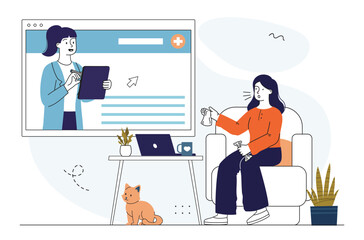 Sick woman having online doctor consultation. Vector illustration