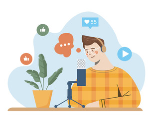 Fototapeta premium Young man podcasting at desk setup. Vector illustration