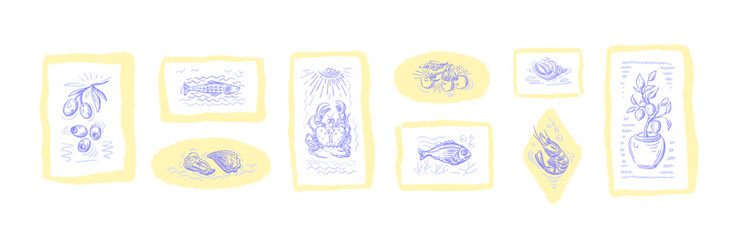 Vintage frame set. Art travel postcard stamp. Sea