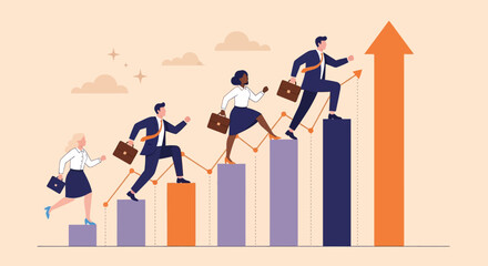 Achieving Business Growth Team Climbing Chart Bar with Upward Arrow Pointing Success in Professional Corporate Environment