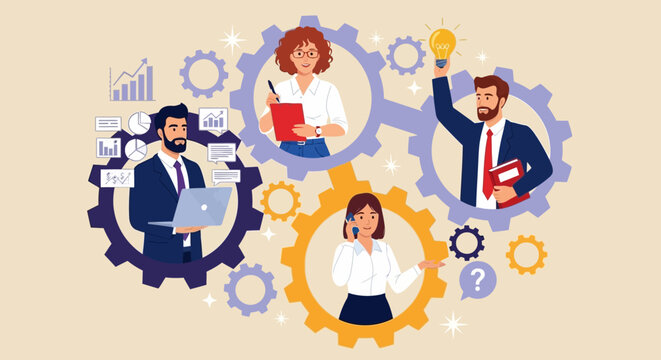 Teamwork in Motion Gears and People Collaboration to Boost Productivity and Innovation in a Thriving Business Environment