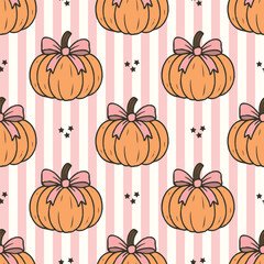 Pumpkins with Coquette Bow Seamless Pattern. on a pink stripes background. for Prints, Wrapping Paper, Wallpaper, Textiles, Stationery, and Fabric.