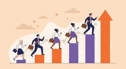 Diverse business team climbing growth charts with teamwork and ambition, reaching for success and illustrating career progression