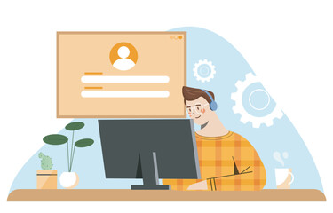 Customer support operator at desk. Vector illustration