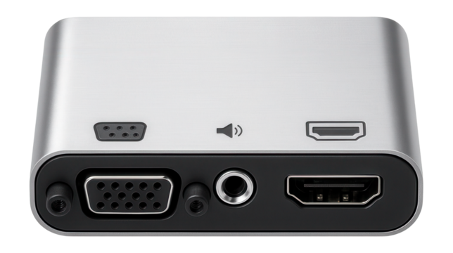 VGA to HDMI converter with integrated audio jack and compact form factor for legacy devices