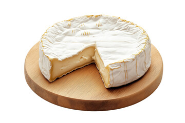 Round Brie Cheese with Slice Removed on Wooden Board Transparent PNG