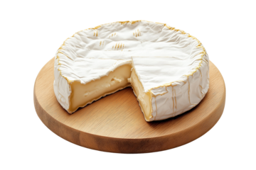 Round Brie Cheese with Slice Removed on Wooden Board Transparent PNG