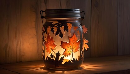 A candlelit mason jar lantern with autumn leaves creates a cozy, warm atmosphere.
