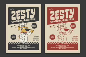 retro cartoon dog chef mascot poster with playful text, vector illustration