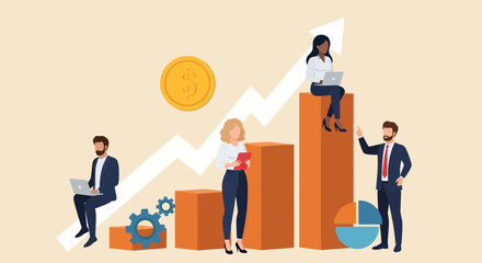 Business Growth Illustration with Diverse Team and Rising Bar Chart, representing financial strategy for success.