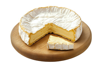 Round Brie Cheese with Slice Removed on Wooden Board Transparent PNG