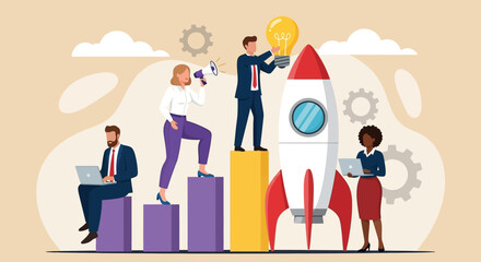 Teamwork Launching Idea Business Growth, Startup Success with Collaboration & Vision