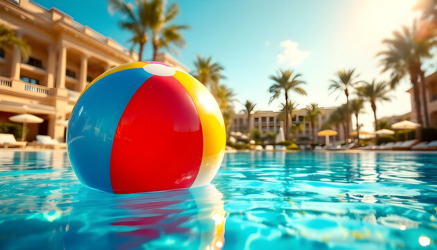 Close-up of a colorful beach ball floating on a clear turquoise pool at a luxury resort with blurred palm trees and buildings in the background.