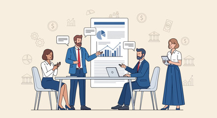 Professional Business Meeting Illustration with Data Analysis and Strategy Discussion