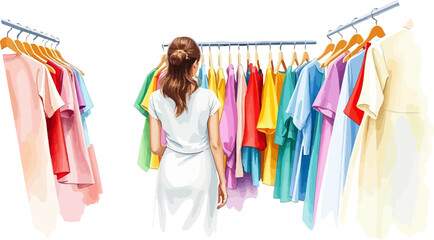 A young girl buys clothes in a store watercolor vector illustration.