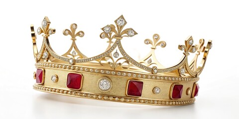 A magnificent gold crown adorned with rubies and diamonds against a white background