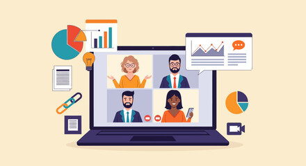 Virtual Meeting Collaboration Remote Teamwork and Online Video Conference with Business Charts, graphs, presentation.
