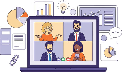 Virtual Meeting Illustration Collaborative Teamwork and Remote Communication  for Online Success