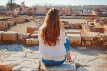 Fototapeta premium Woman seated on stones at ancient ruins captures the beauty of historical architecture during the morning sunlight