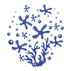 Blue silhouettes of sea inhabitants and algae with bubbles under water in simple style. Underwater world. Monochrome picture stamp with sea fish and jellyfish. Vector for stickers, textiles, postcards
