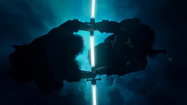 Two figures in a dramatic battle with glowing swords against a cosmic 