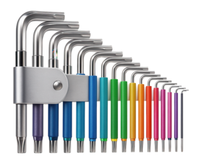 Eighteen-piece torx key set with color-coded handles for electronic device repairs.