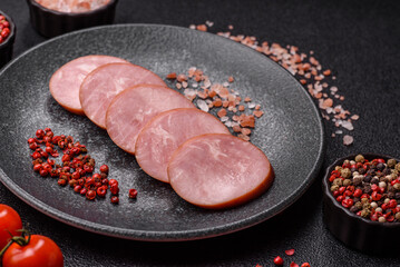 Sliced ham, meat, pork or turkey sausage for sandwiches. Ham slices, food