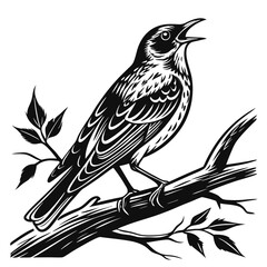 Monochrome Illustration of a Songbird Perched on a Branch Singing with Open Beak Detailed Black and White Line Art
