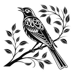 Monochrome Bird on Branch Illustration with Intricate Feather and Leaf Patterns Creates an Elegant Nature Inspired Design