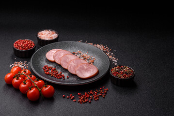 Sliced ham, meat, pork or turkey sausage for sandwiches. Ham slices, food