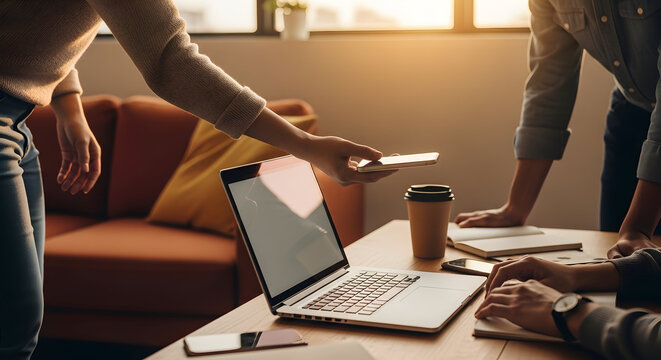 Teamwork In Modern Office Setting, Coworkers Analyzing Data With Mobile Technology - Powered by Adobe