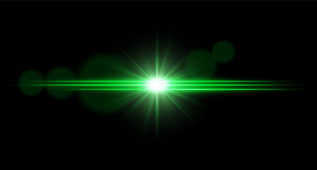 Bright light horizontal light flare with central glow and radiant starburst. Sci-fi visual effect on dark background.