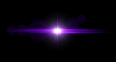 Fototapeta premium Bright light horizontal light flare with central glow and radiant starburst. Sci-fi visual effect on dark background.
