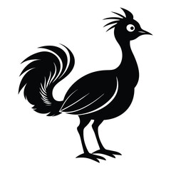 Stylized Black Silhouette of a Junglefowl Resembling a Rooster with Elaborate Tail Feathers and Head Crest