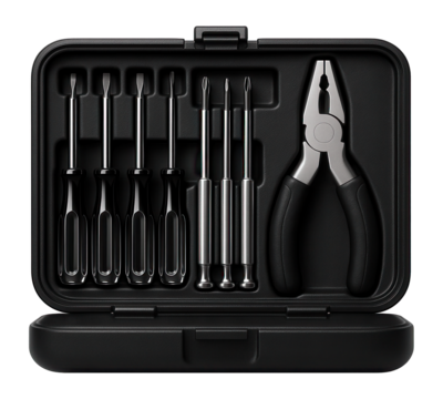 Compact tool kit in a hard plastic case, including screwdrivers and pliers for household repairs.