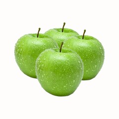 Premium Four Green Apple Fruit with Dew Isolated on White Background. Green Golden Apples isolated. Macro, Sweet, Freshness, Top View, Vitamin, Fruits, Closeup, Healthy Eating, Diet