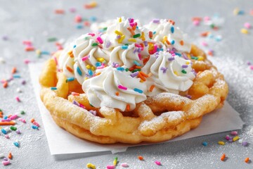Funnel cake topped with whipped cream and colorful sprinkles resting on white paper