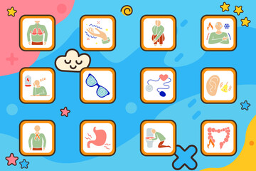 Health symptom set icon. Trembling hand, spinning head, lung pressure, body pain, throat discomfort, chills, fear of death, sweating, eye twitch, stomachache, heartbeat, brain confusion