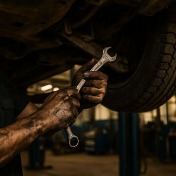 Mechanic Working Under Car with Wrench in Auto Repair Shop