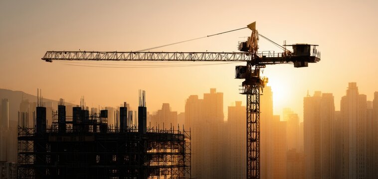 The construction crane silhouetted against a stunning sunset over the city skyline.