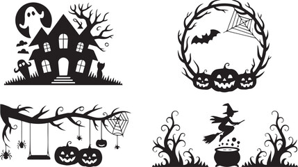 Spooky Halloween Vector Art Collection Haunted Houses, Witches, and Pumpkins in a Dark, Festive Illustration 17.eps