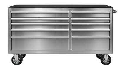 Wheeled stainless steel tool cabinet with multiple drawers for an automotive repair garage.