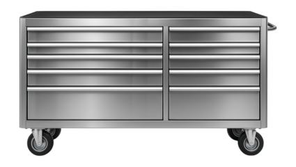 Wheeled stainless steel tool cabinet with multiple drawers for an automotive repair garage.