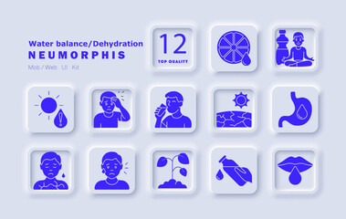 Water balance set icon. Dehydration symptoms, dry skin, sweating, thirst, heatstroke, digestion, water intake, nutrition, dry soil, lips, meditation, hydration, plants, fatigue.