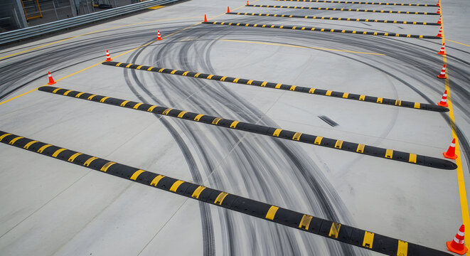 Test Track With Tire Marks And Obstacles For Vehicle Performance Assessment